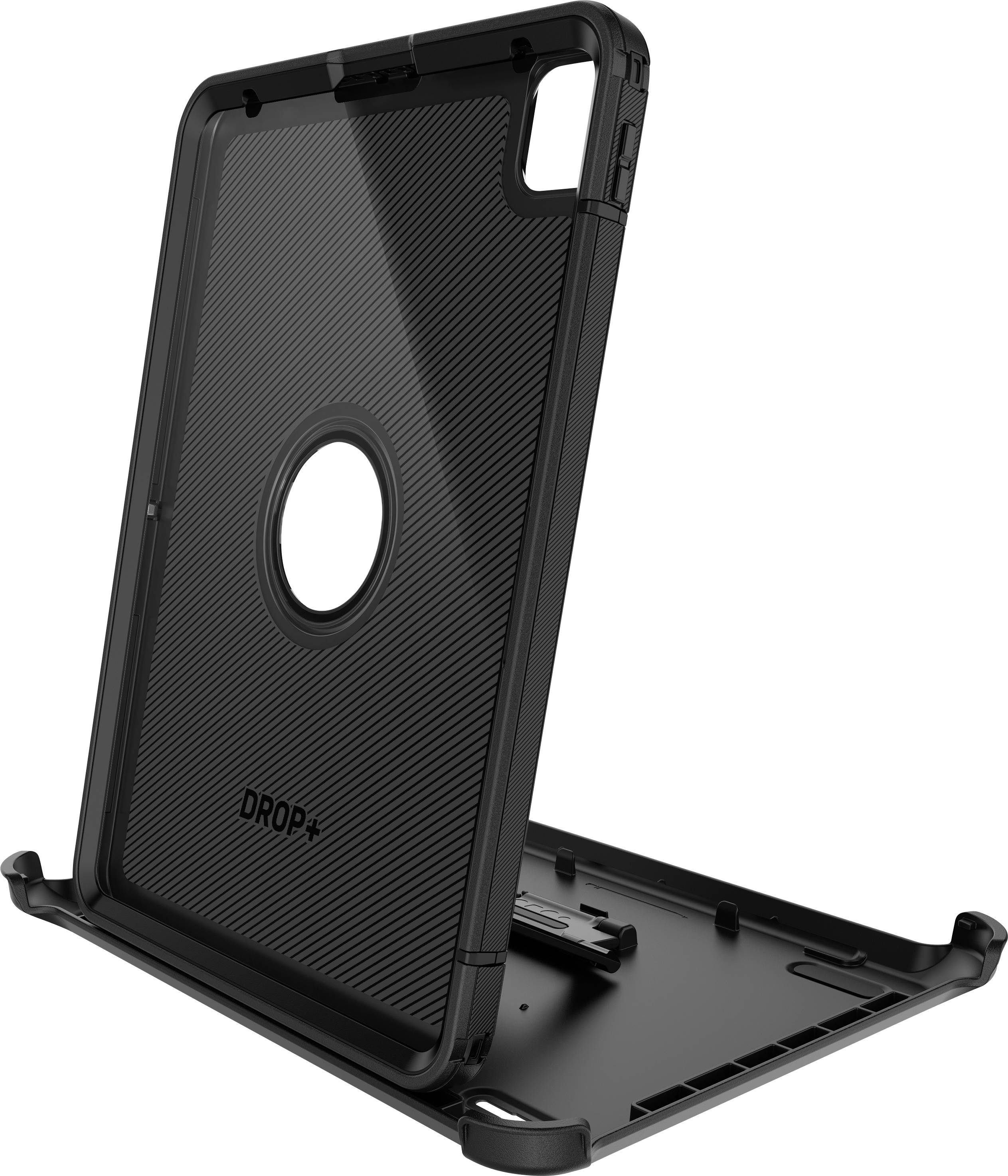 A black, robust tablet case with stand functionality and a camera cutout, partially open on a table.
