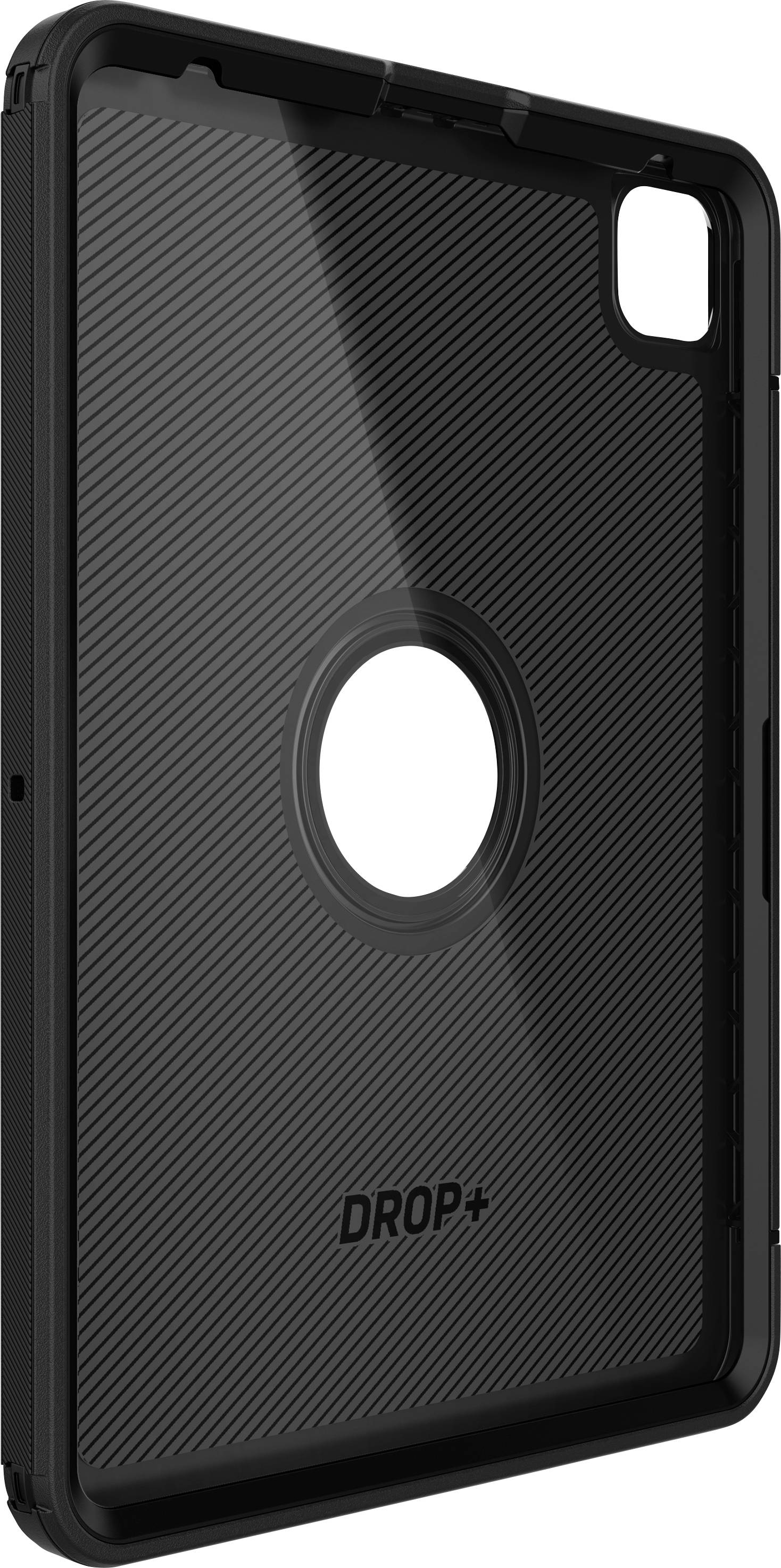 Protective case for a tablet, black with ribbed textures and cut-outs for camera and ports.