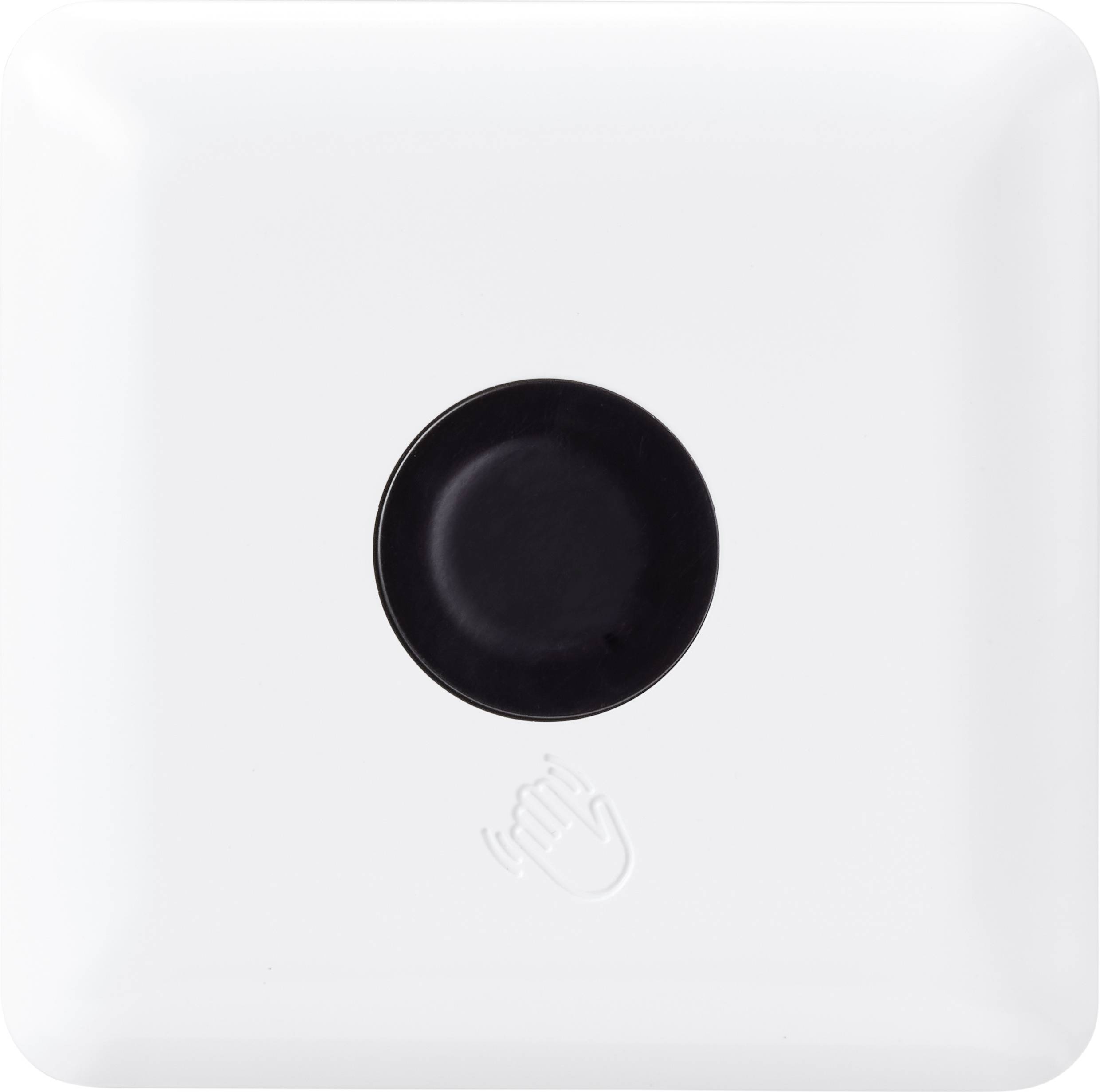 White square button with a black circle in the centre, with a hand symbol underneath.