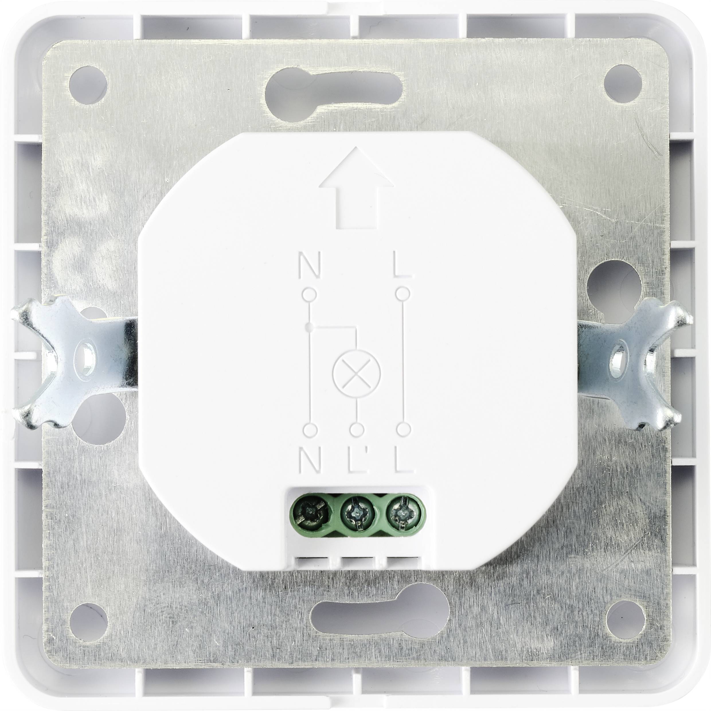 A switching device for an electrical installation, mounted on a square metal bracket with an upward arrow marking.