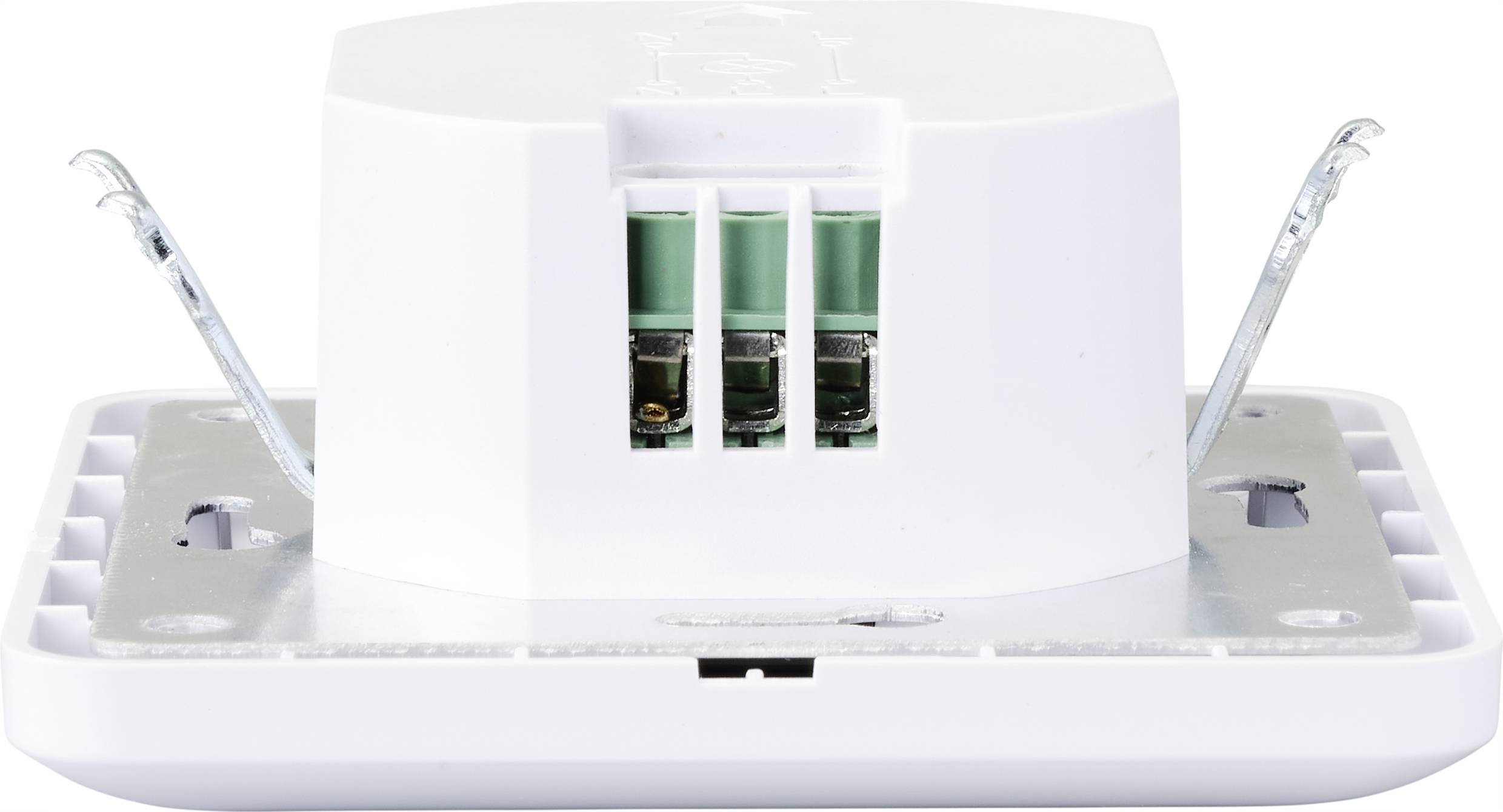 White socket mounting plate with green-indicated connections. It is ready to be installed in a wall.