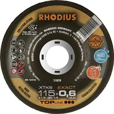Grinding Disc 'RHODIUS' 115 x 0.6 mm, max. 13,300 rpm, for Stainless Steel. Contains safety and product information.