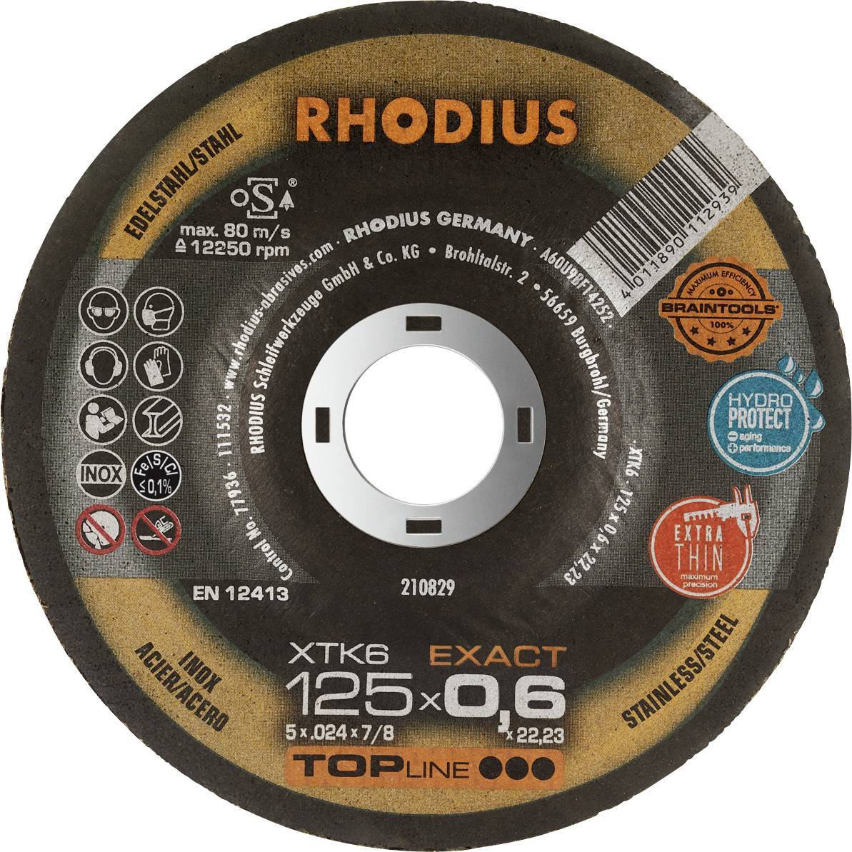 Rhodius cutting disc, 125x0.6 mm in size, suitable for stainless steel. Certifications and logos visible, including 'Topline'.