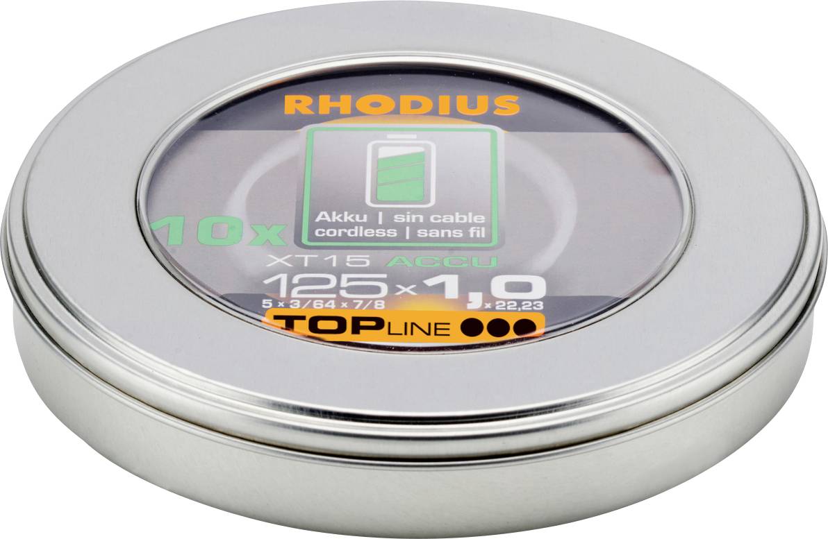 The image shows a round metal tin with a transparent lid. Inside are cutting discs by Rhodius for battery-powered tools.