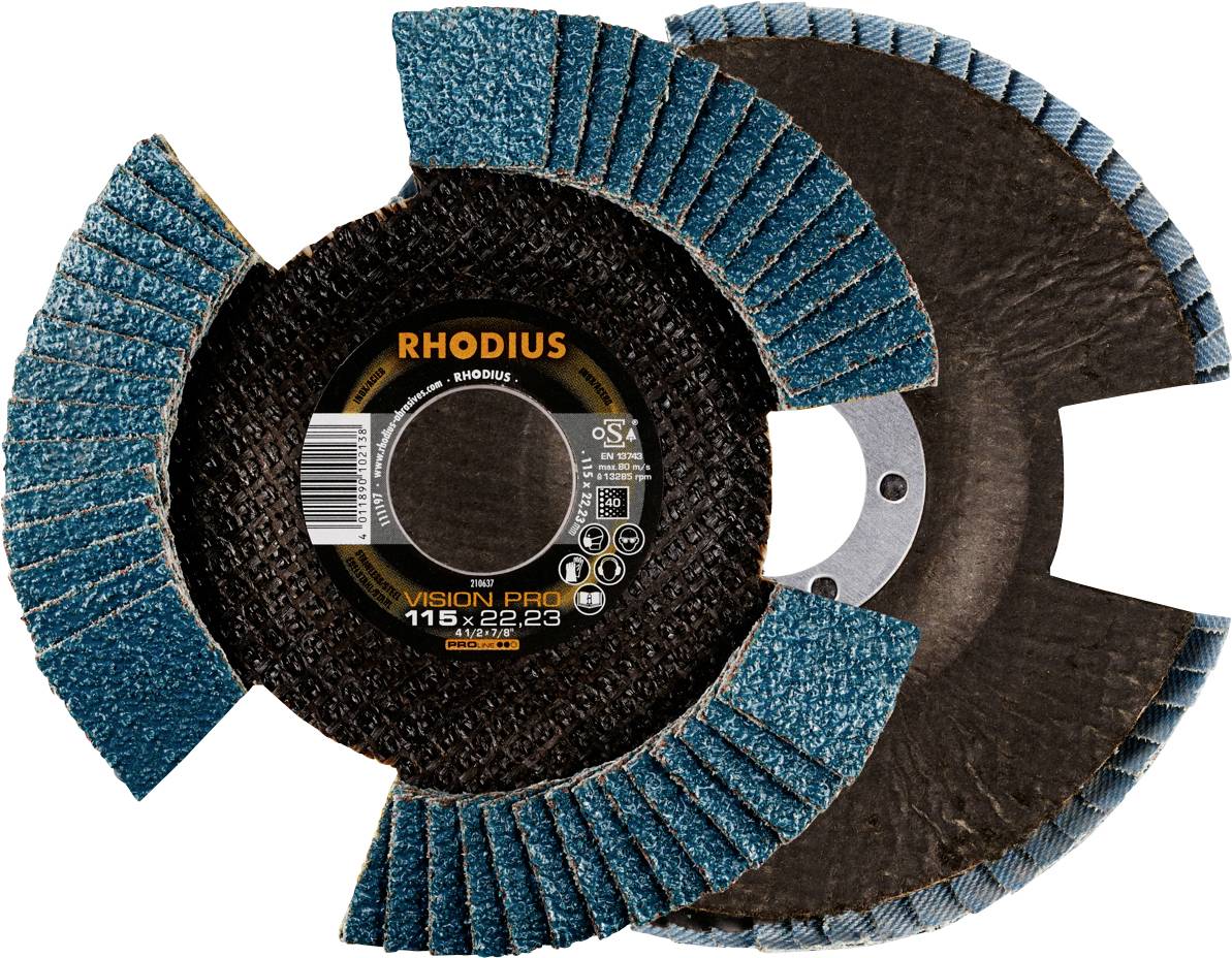 Blue grinding disc with a ribbed surface, brand name 'Rhodius' in the centre, suitable for 115 mm diameter tools.