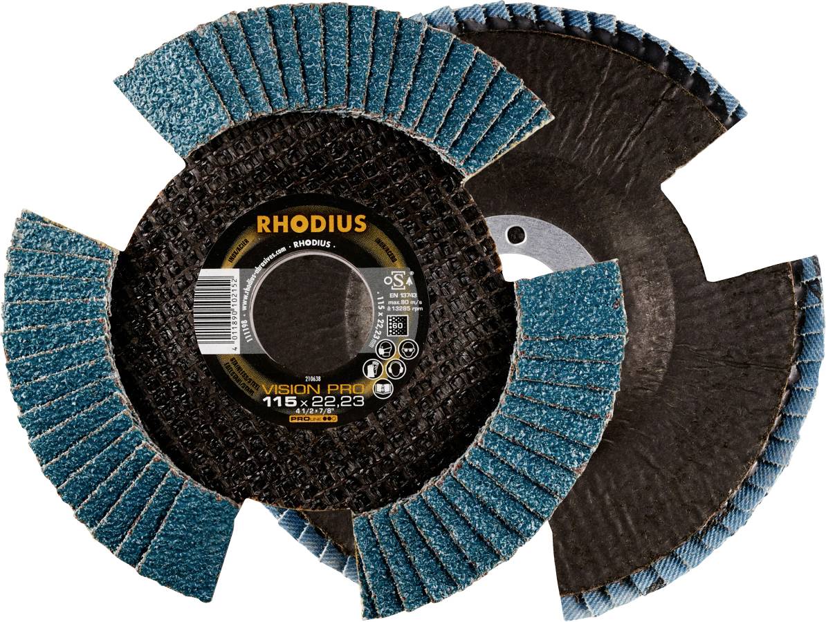 Two blue lamella grinding discs from the Rhodius brand, Vision Pro model, layered on top of each other, for use in angle grinders.
