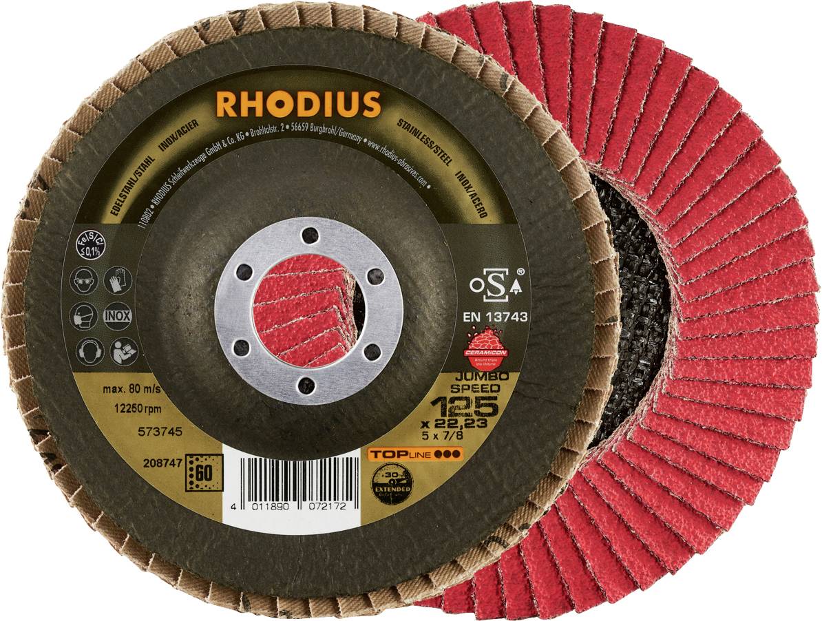 Rhodius grinding disc with red grinding coating for professional use. Maximum rotational speed: 12,250 rpm, diameter: 125 mm.