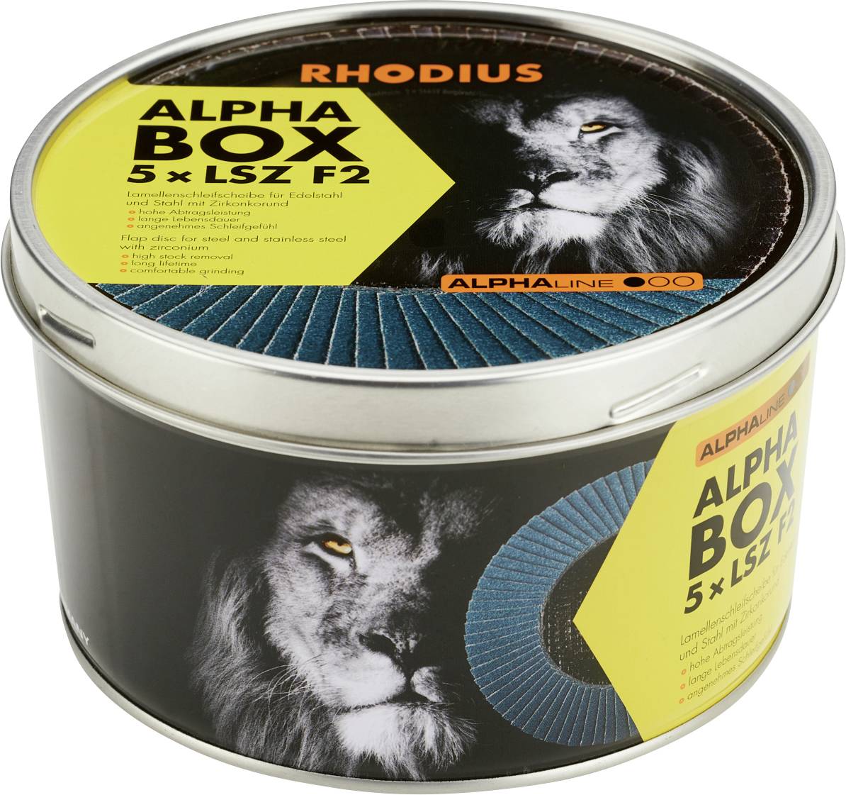 A round metal box with a lion image, containing grinding discs 'ALPHA BOX 5 x LSZ F2' by Rhodius.
