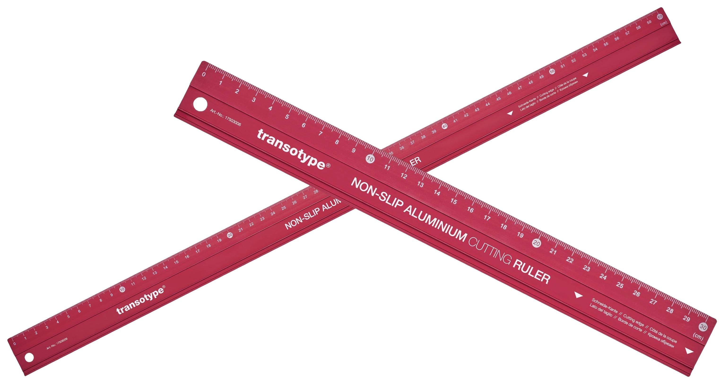 Two red metal rulers with centimetre and inch scales intersecting. The inscription reads 'Non-Slip Aluminium Cutting Ruler'.