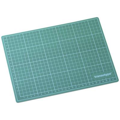 Green cutting mat with square grid. Brand name bottom right.