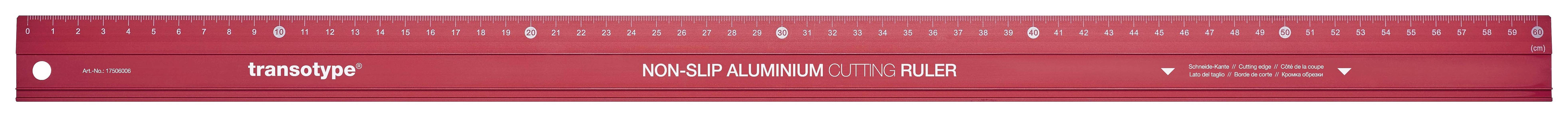 Red 12-inch ruler with inch and centimetre markings. Brand name is printed. Scale shows inches on upper edge, centimetres on lower edge.