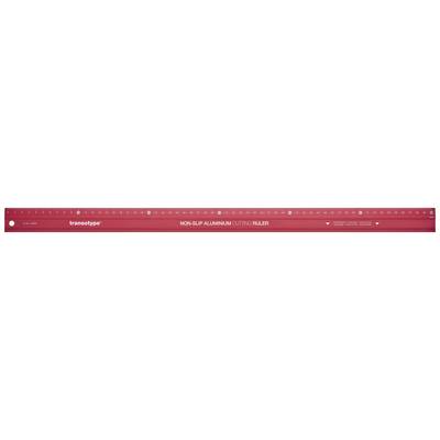 Red 12-inch ruler with inch and centimetre markings. Brand name is printed. Scale shows inches on upper edge, centimetres on lower edge.