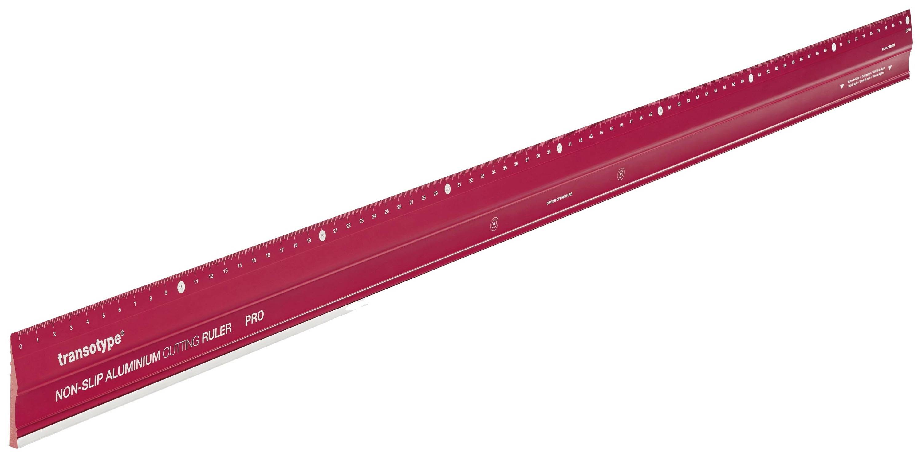 A red aluminium ruler by 'transotype', non-slip, 60 cm long, with marked centimetre and millimetre units.