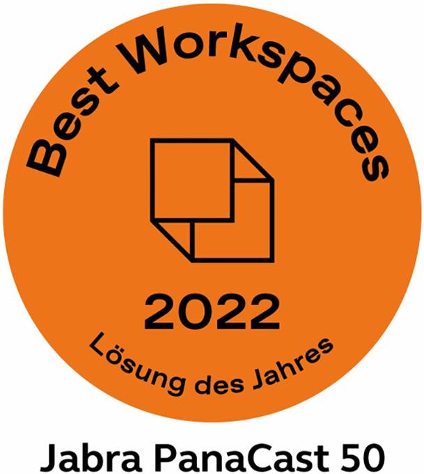 An orange circle with the text 'Best Workspaces 2022 Solution of the Year' and below 'Jabra PanaCast 50'.