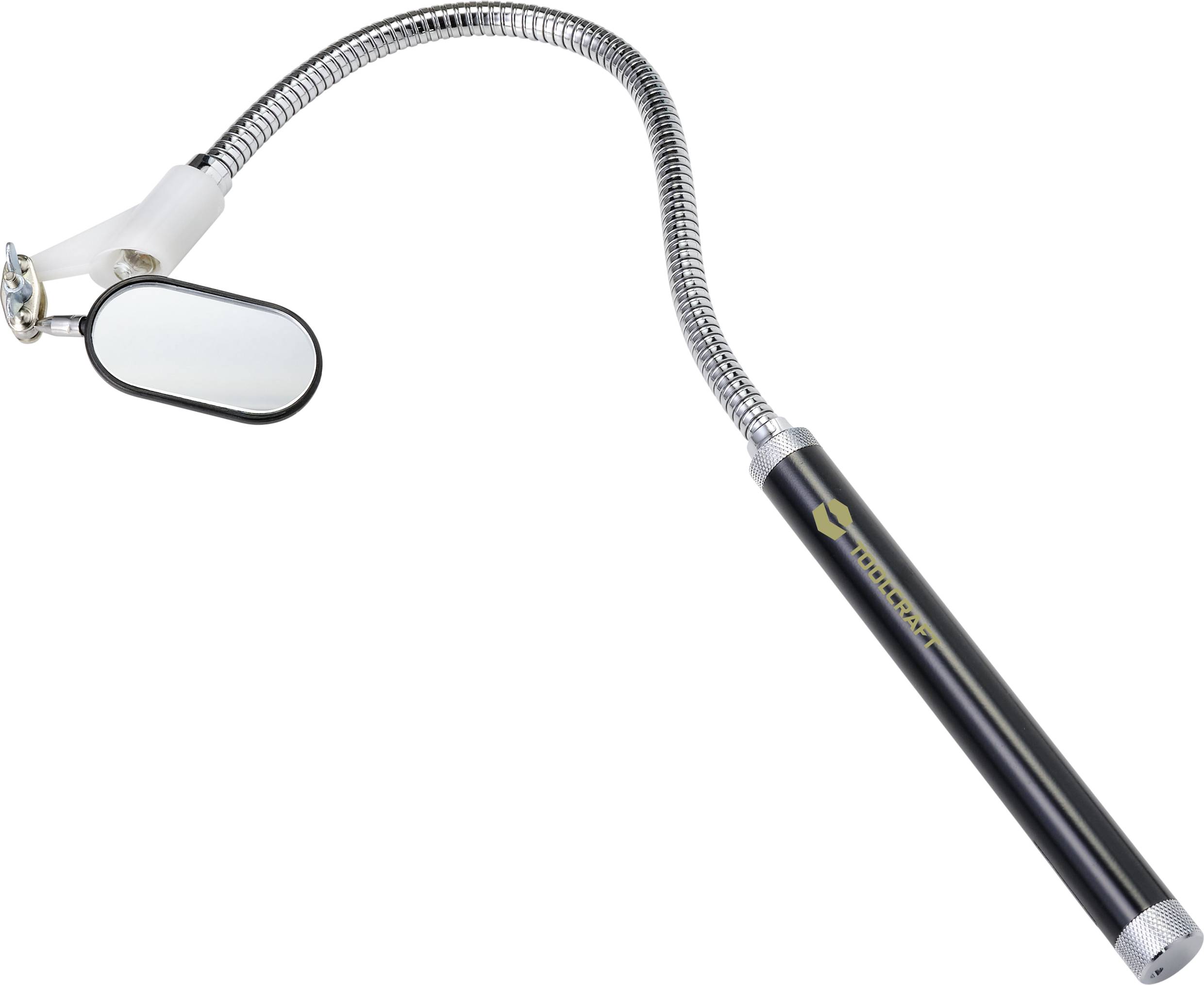 A black magnetic pick-up tool with a flexible gooseneck and a round mirror at the end, used for lifting hard-to-reach objects.
