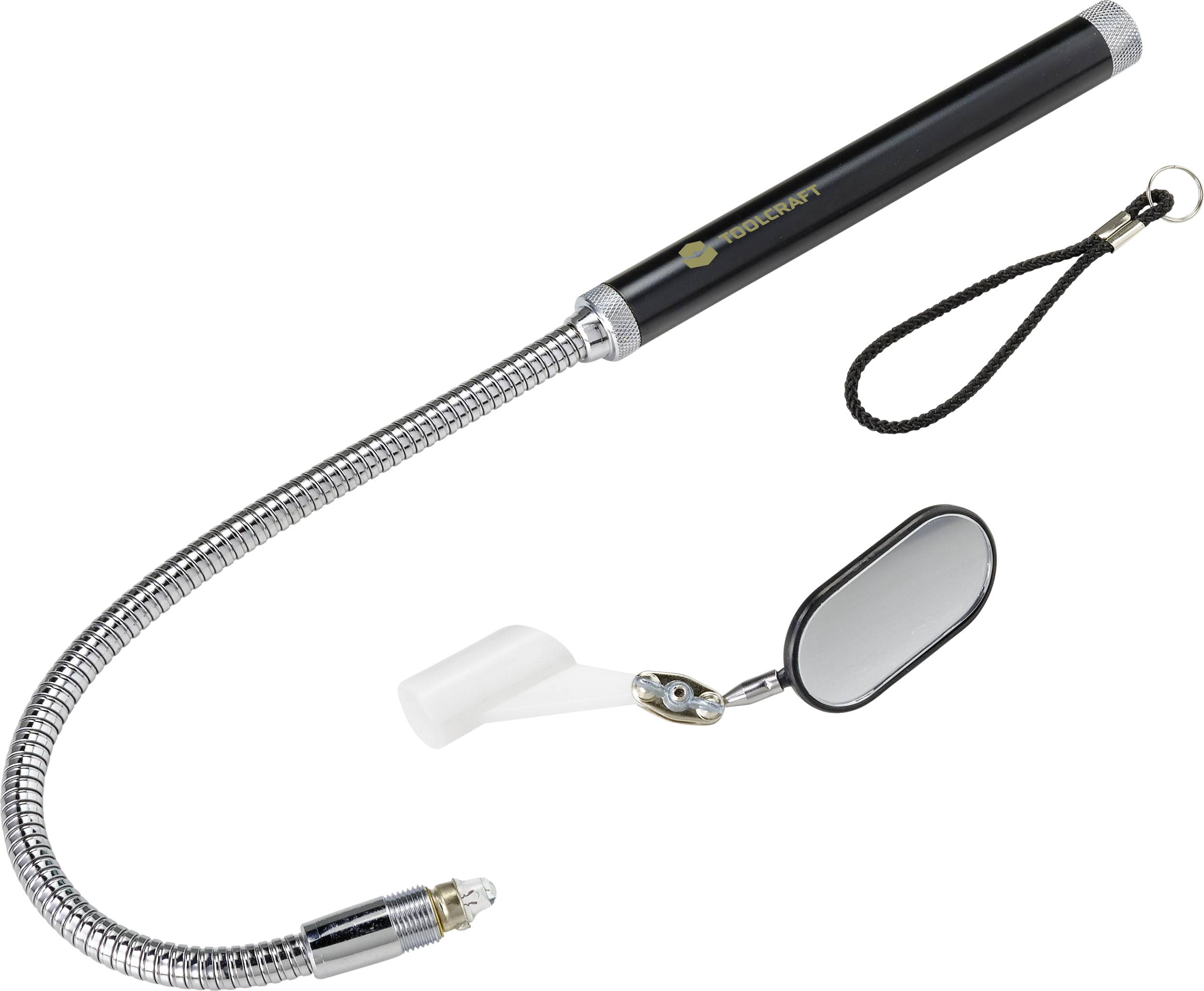 Flexible inspection rod with LED light, adjustable mirror and hand strap, suitable for hard-to-reach areas.