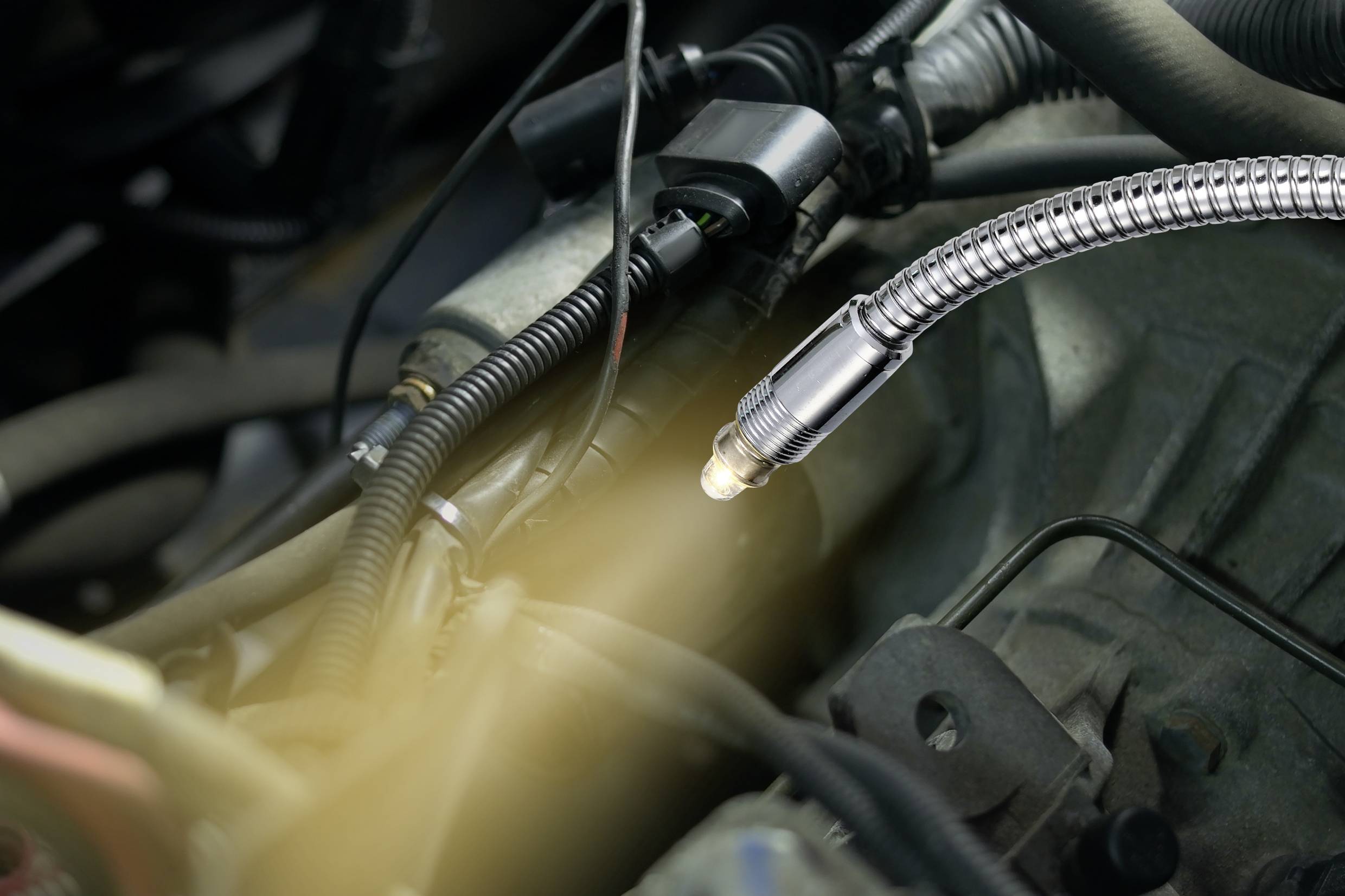 A flexible inspection hose with a light illuminates the vehicle's engine components to make mechanical details visible.