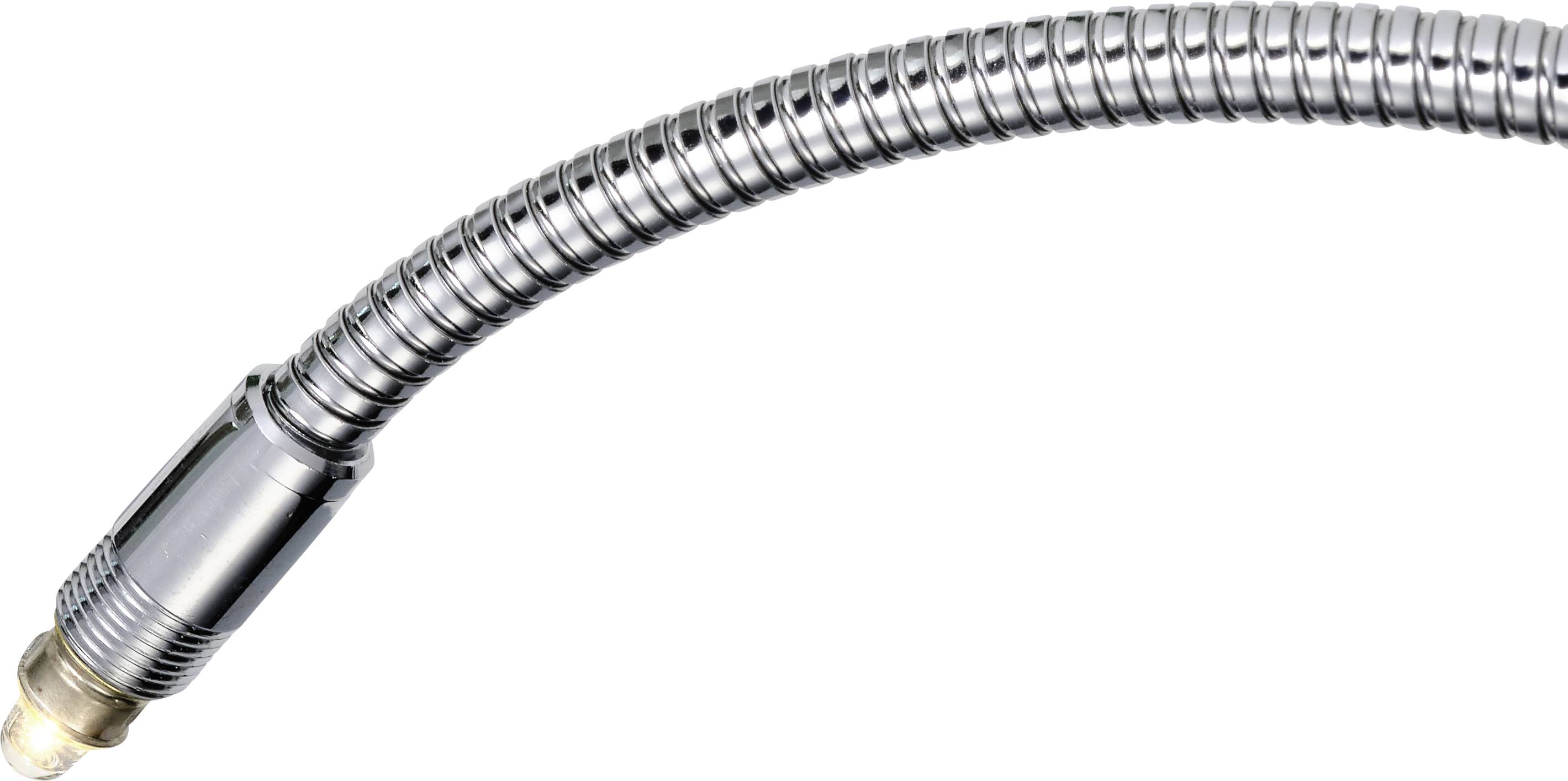 Flexible metal hose with a shiny surface and a connector at one end, commonly used for taps or showers.