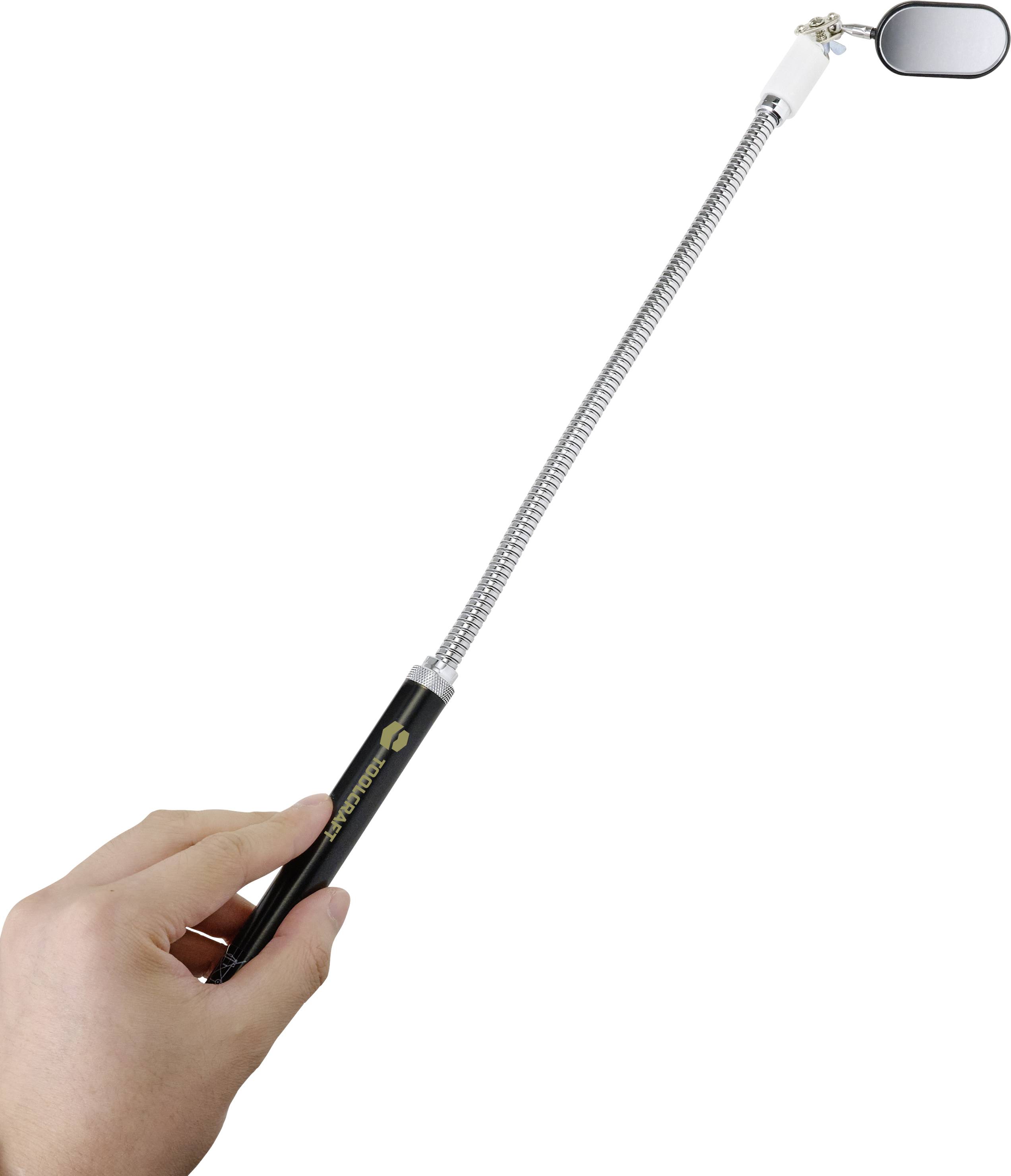 A hand is holding an extendable inspection mirror with a flexible handle.