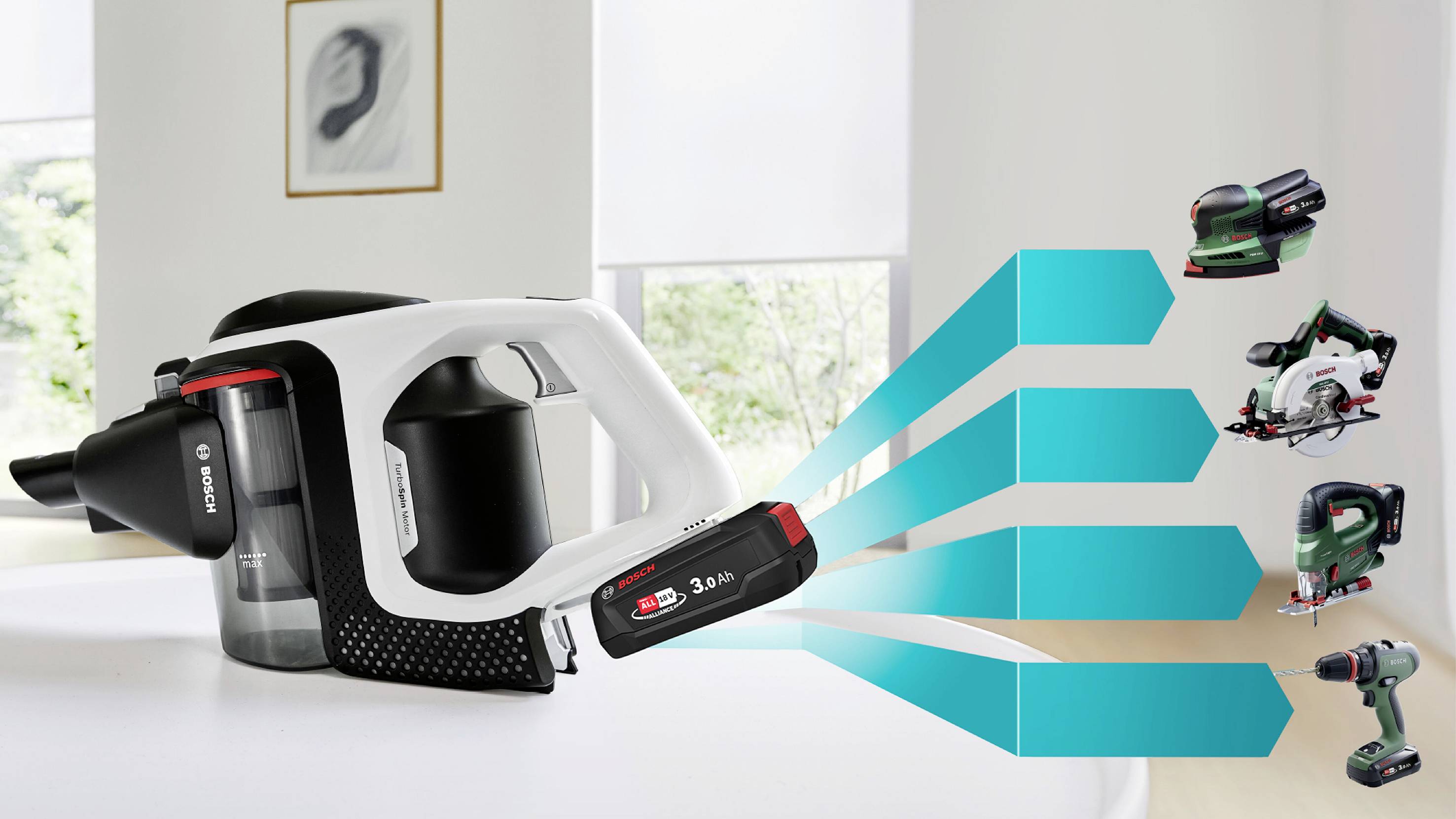 Cordless handheld vacuum cleaner with a stylish design placed on a table. Graphic representation shows potential uses with other devices.