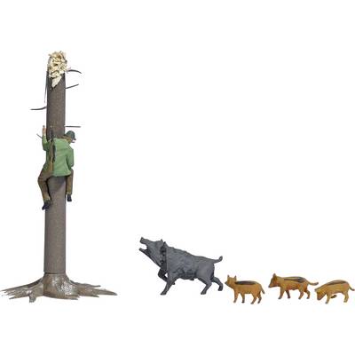 A hunter climbs a tree while a wild boar and three foxes linger below, as if they are hunting him.