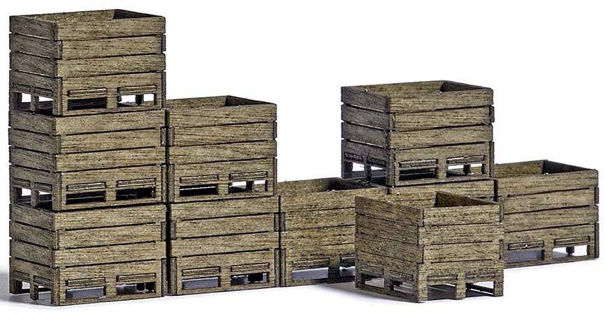 Stacked wooden crates in various sizes, forming a rectangular formation. They appear sturdy and robust.