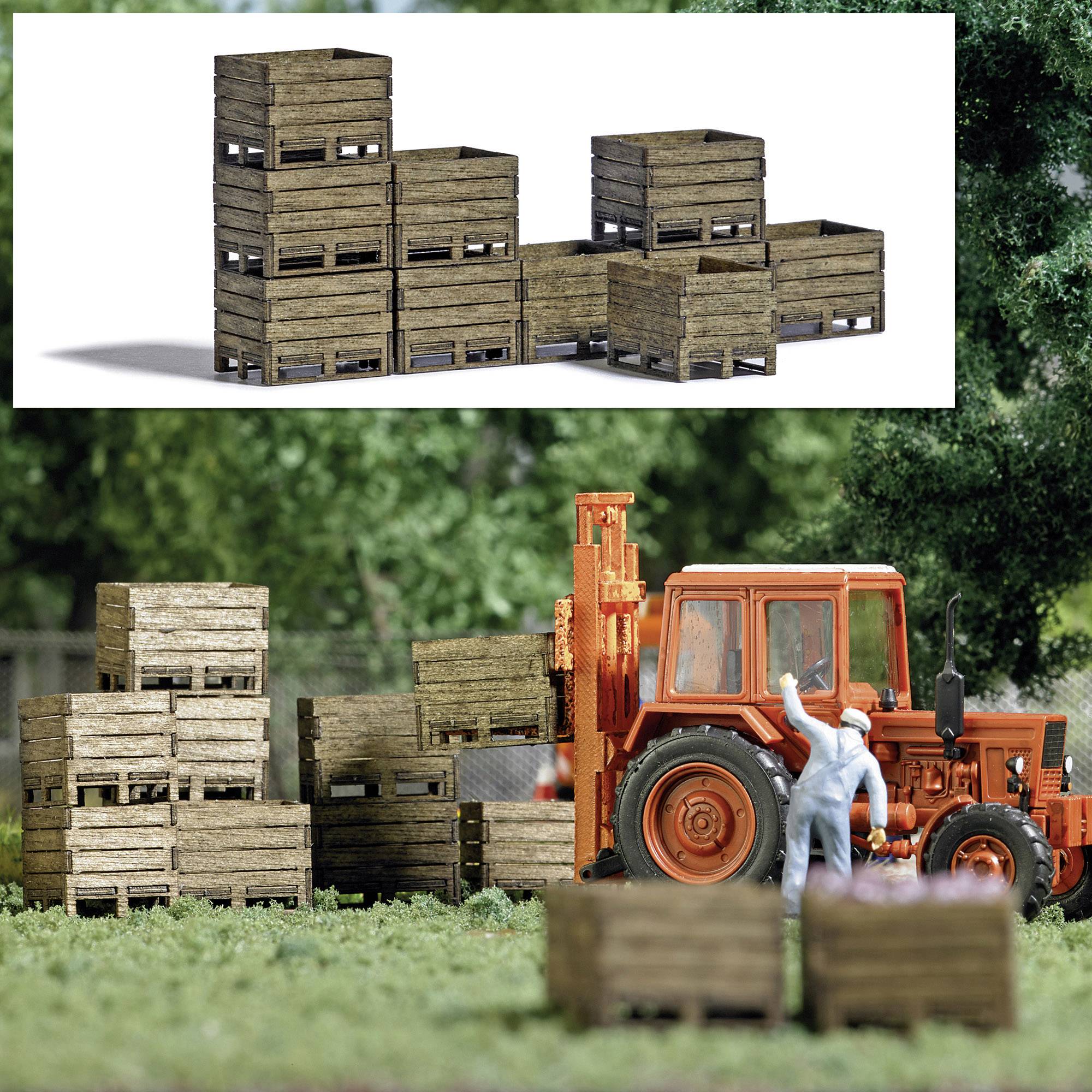 A tractor with one person standing beside it is lifting wooden crates in a green landscape. Above is a smaller image of the same crates stacked.
