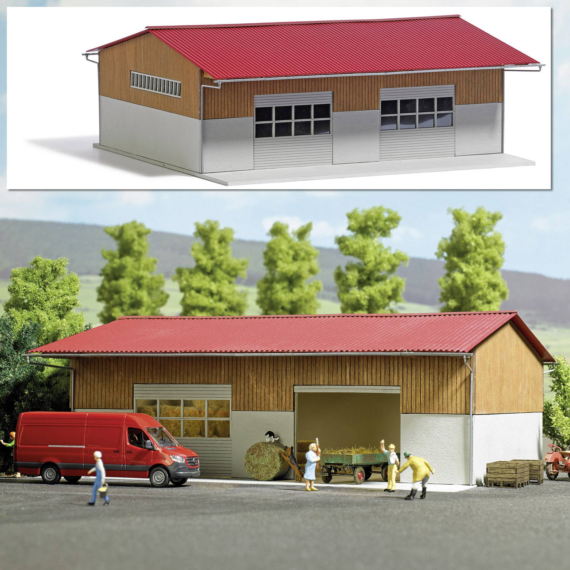 A model diorama depicts an agricultural scene with people, a red delivery van, and a building with a red roof.