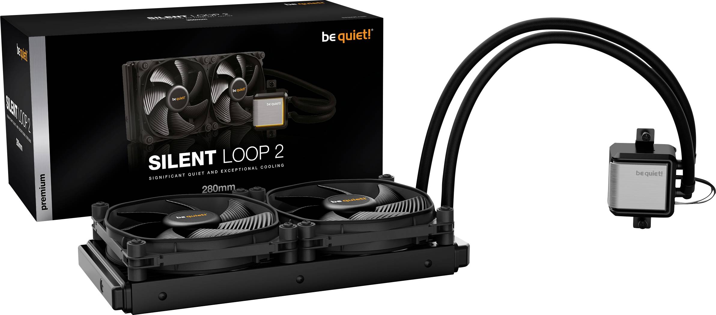 A PC water cooler with two fans and a pump from 'be quiet!' sits in front of its packaging, which displays the 'Silent Loop 2' model.
