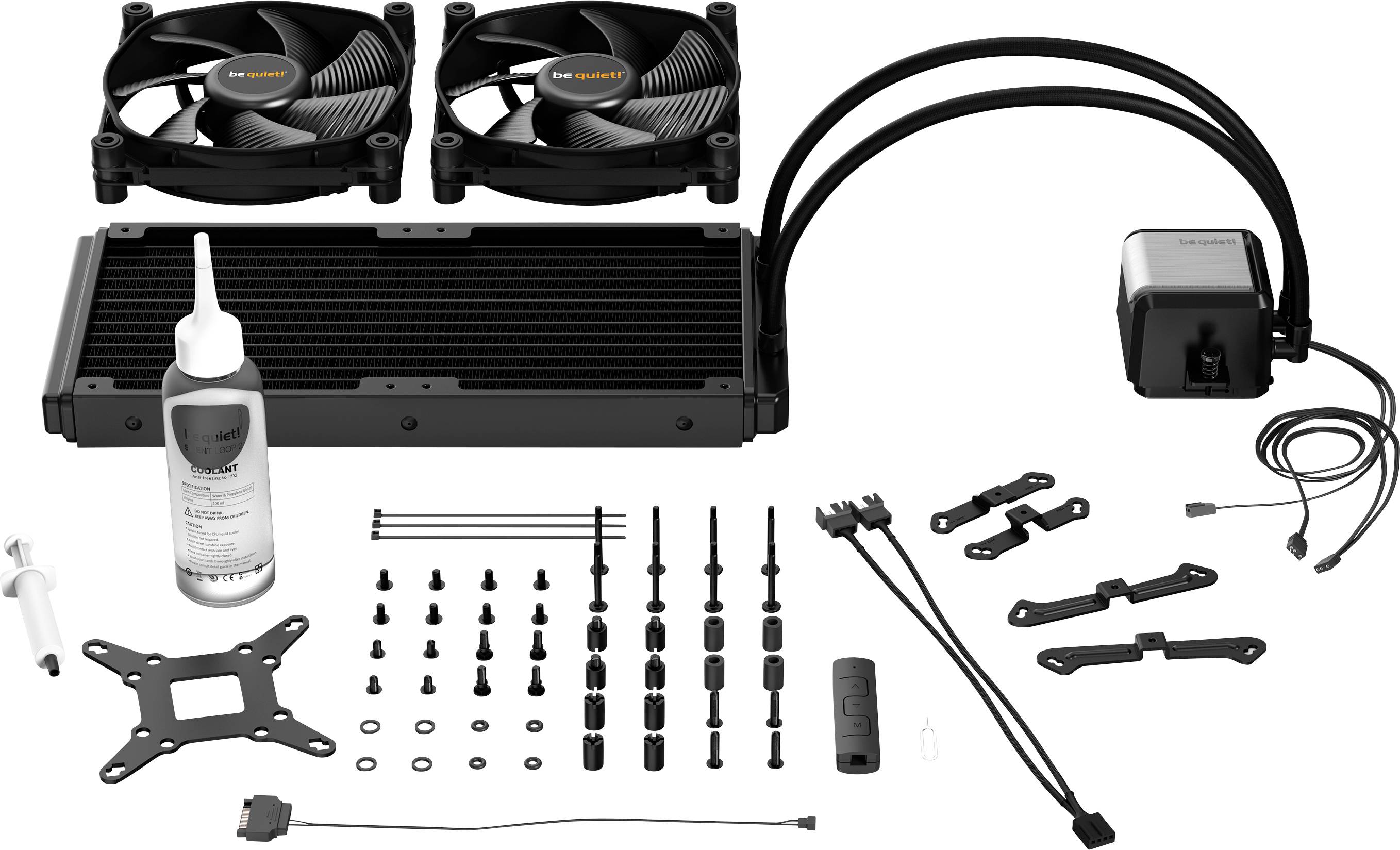 Complete liquid cooling system kit with pump, radiator, two fans, coolant, mounting parts, and connection cables for computers.
