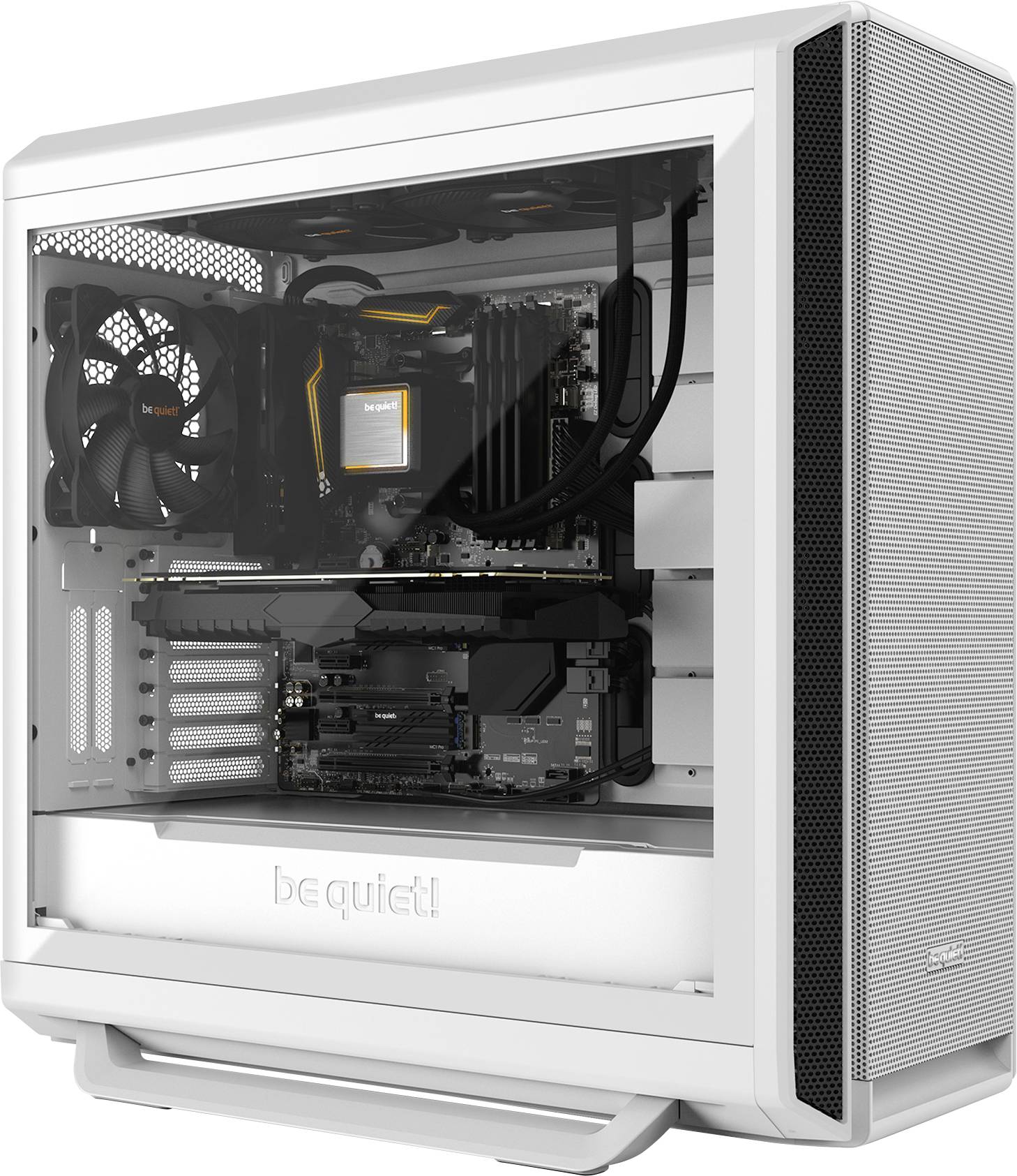 A white computer case with a viewing window reveals the inner workings of a PC, including cooling and processing components.