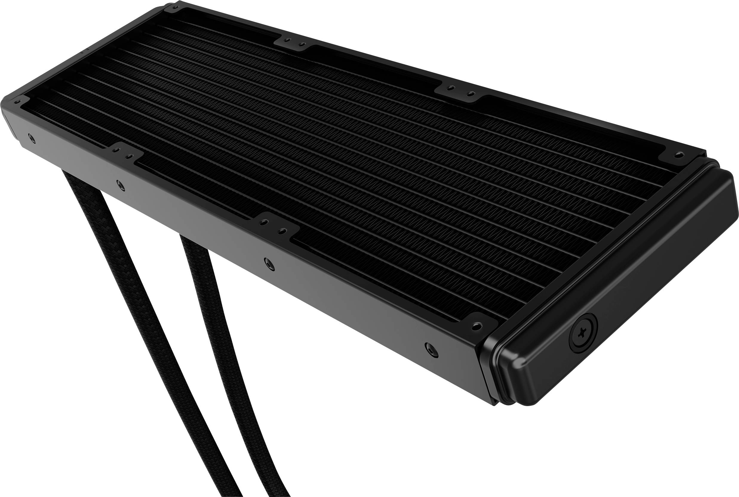 'Black computer water cooling radiator with two hoses, suitable for use in PC cooling systems.'