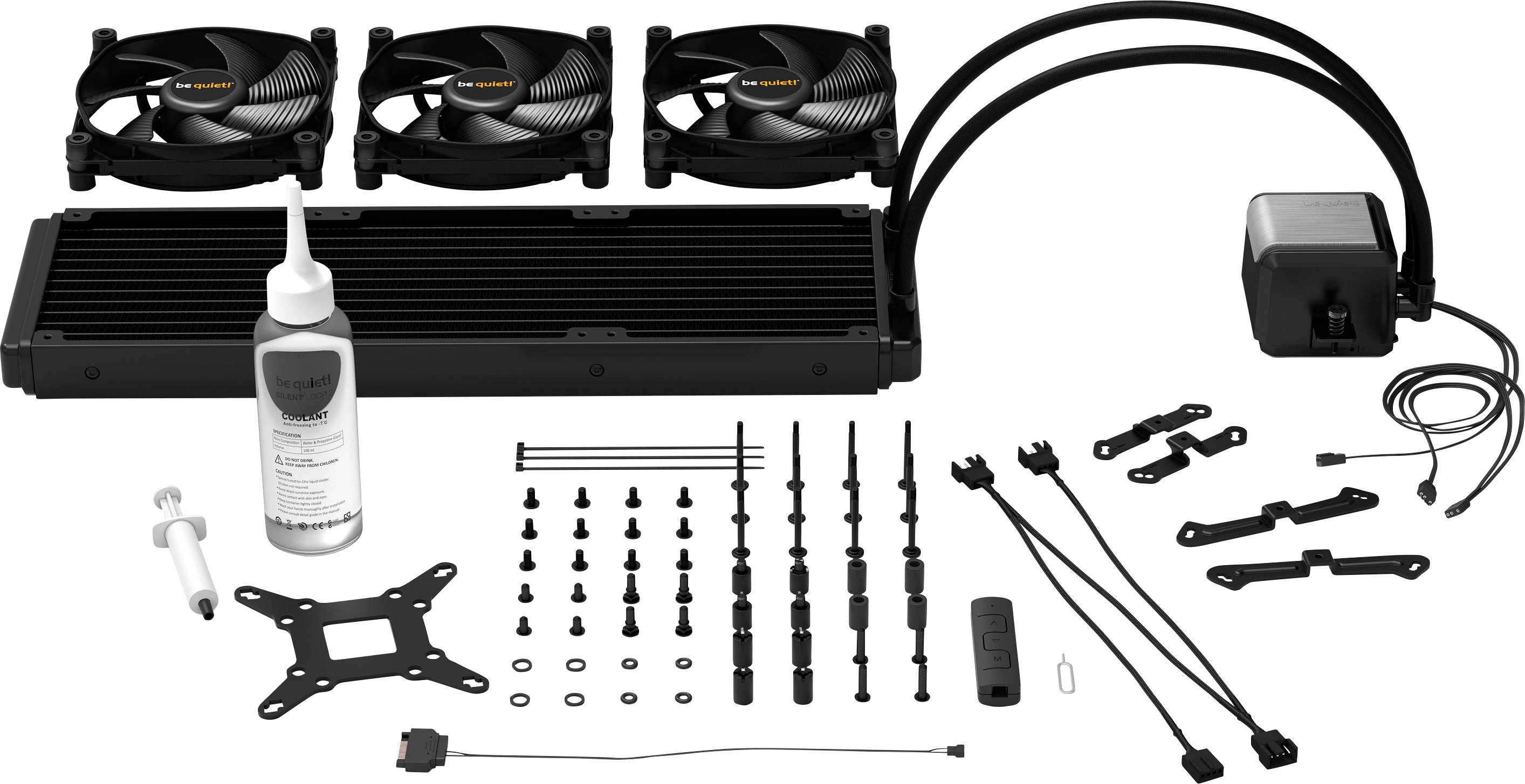 Water cooling system for computers with three fans, pump, radiator, screws, thermal paste, and accessories.