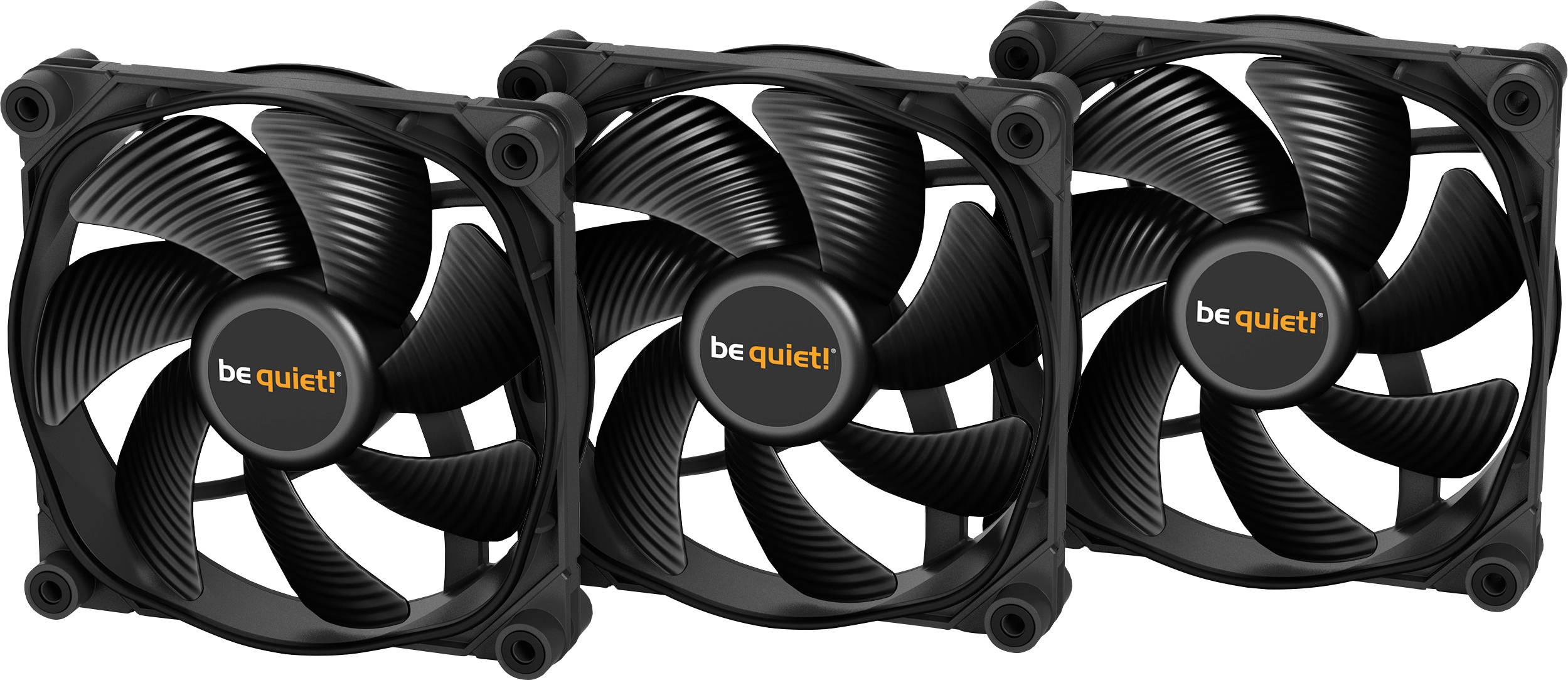 Three black PC fans positioned side by side, with 'be quiet!' printed on the rotor head, suitable for cooling in computer cases.