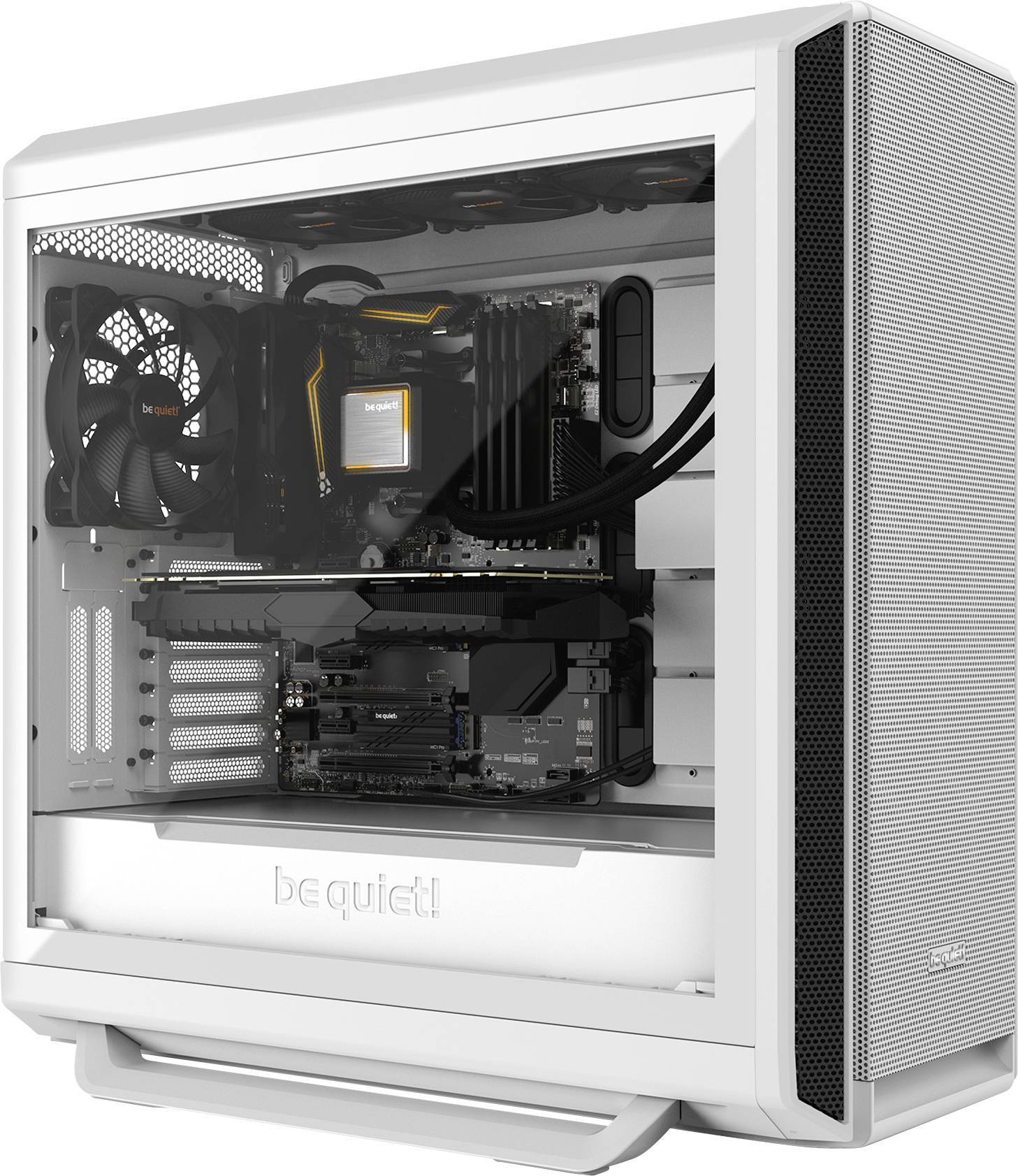 A white computer with a transparent side panel reveals its internal components: fans, motherboard and other components are visible.