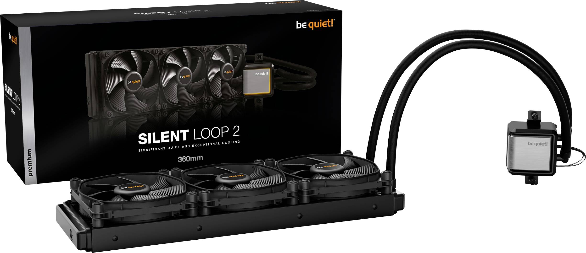 'Be Quiet! Silent Loop 2' water cooling system with three fans next to packaging. Suitable for quiet computer operation.<br><br>Note: The translation maintains the original brand name and technical specifics while using natural British English phrasing.