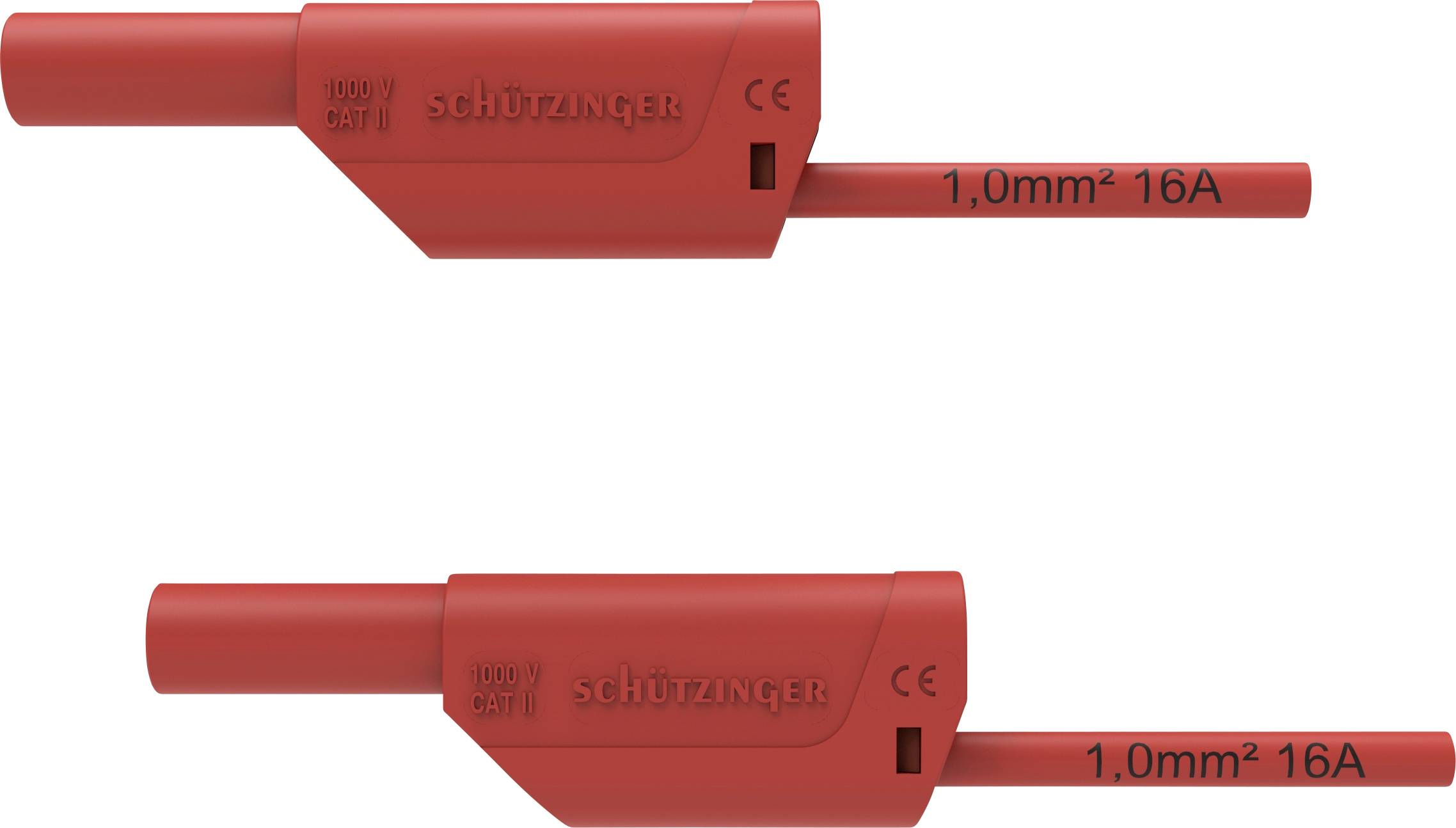 Two red electric connectors with the marking '1.0mm² 16A', manufacturer 'Schützinger', with the upper connector positioned diagonally across the lower one.
