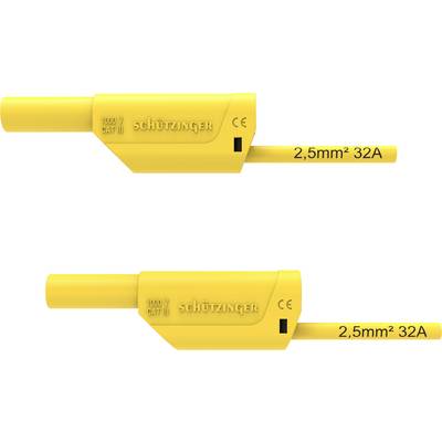 Two yellow plugs by Schützinger, printed with '2.5mm² 32A' and '1000V CAT II'; used for electrical connections.