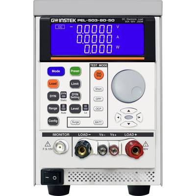 'GW Instek PEL-503-80-50', electronic load with display and controls for current measurement, voltage setting and test modes.