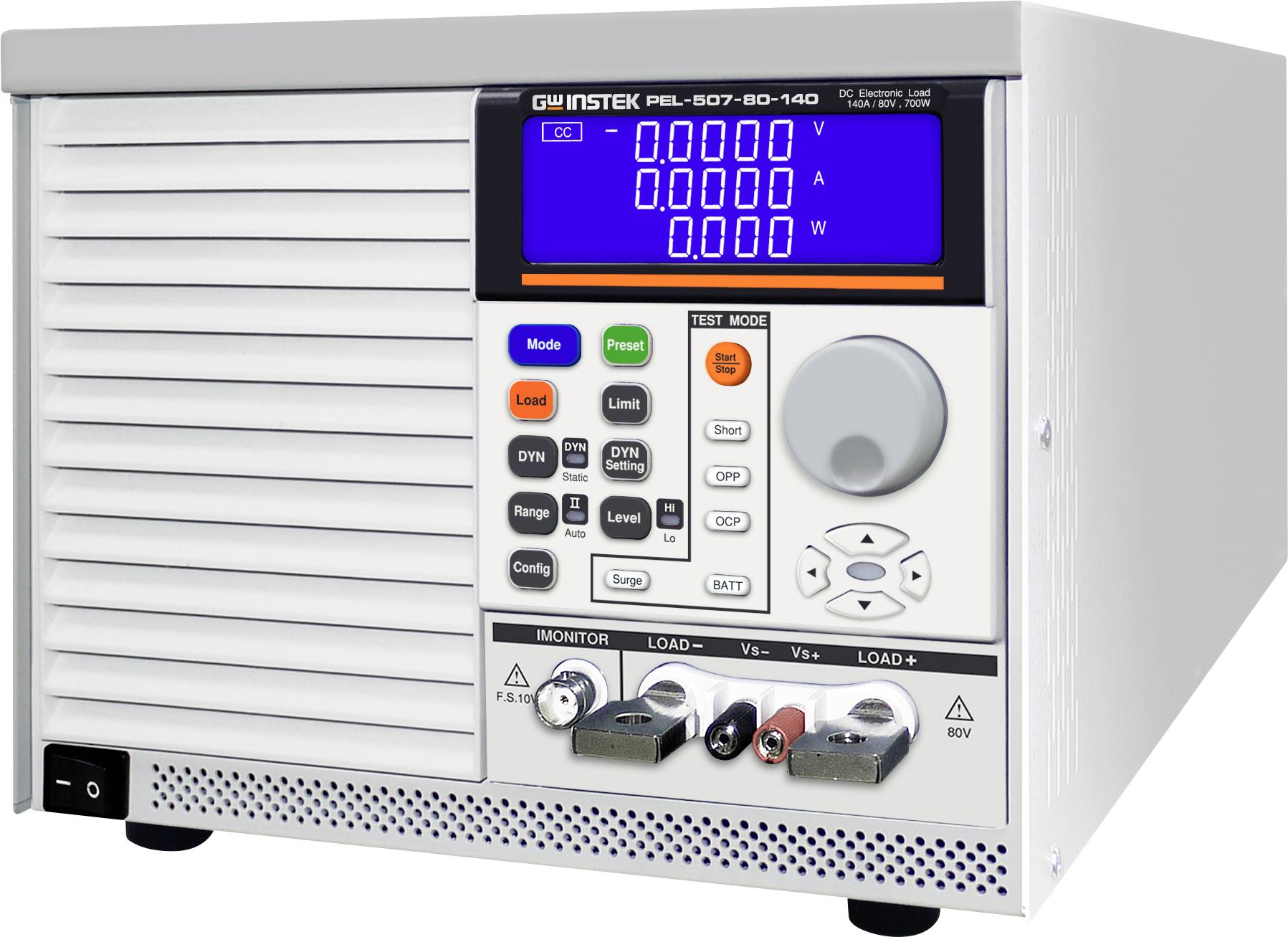 An electronic device with a display and controls, showing electrical measurement values. Various sockets and operational buttons are visible.