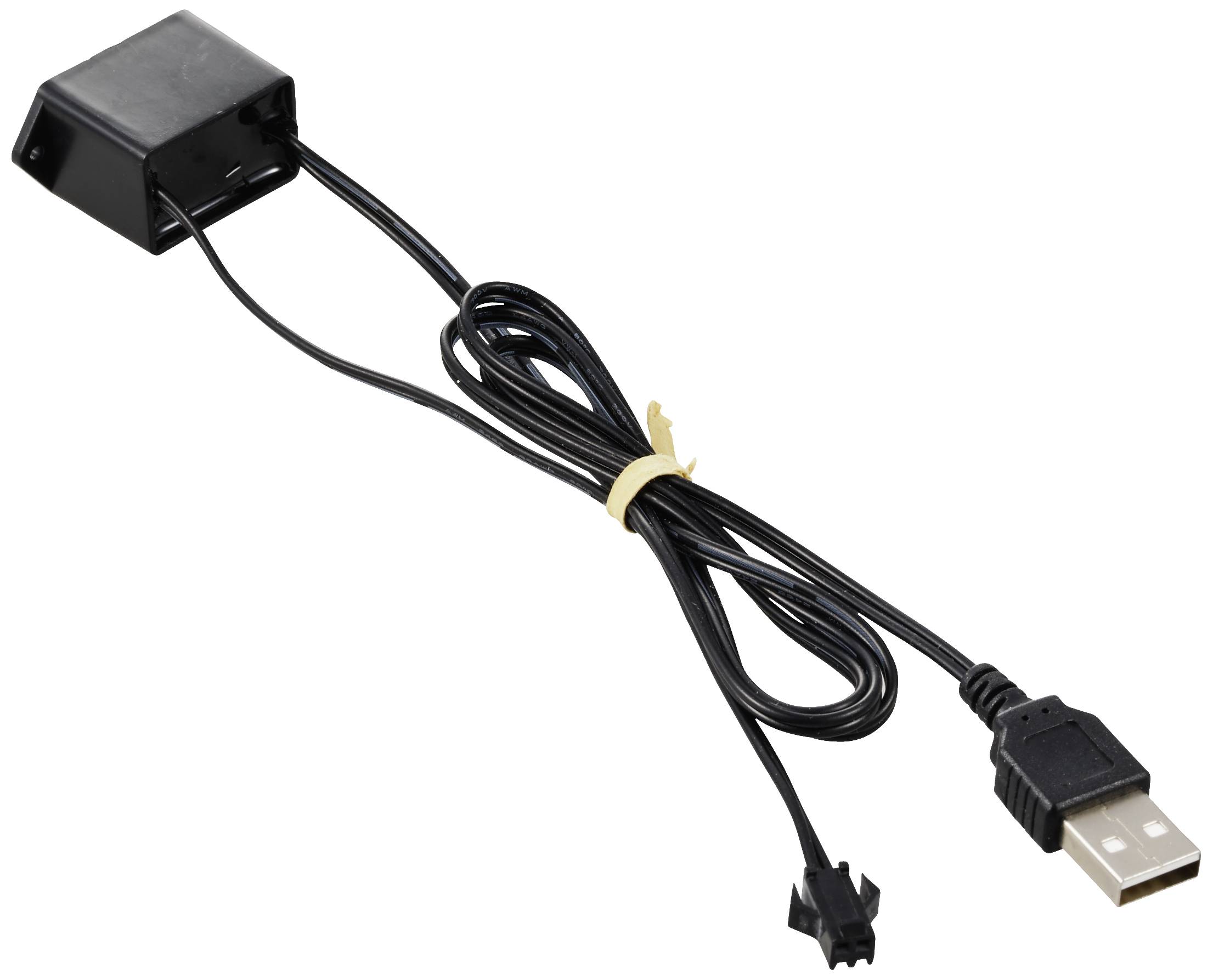 USB cable with a black adapter and plug, connected by a thin, elongated cable. The adapter is rectangular and black.
