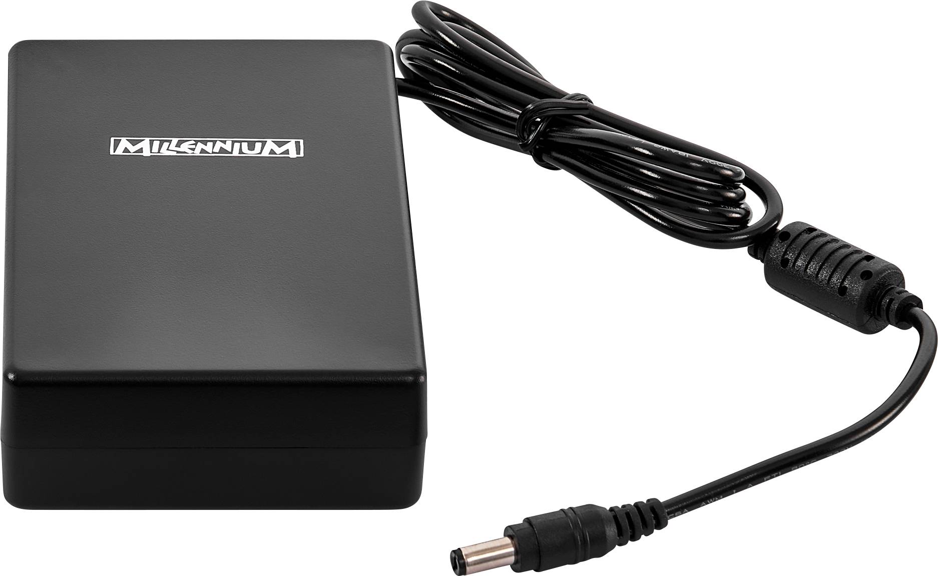 Black power supply with cable and plug. The casing features the white 'Millenium' lettering.