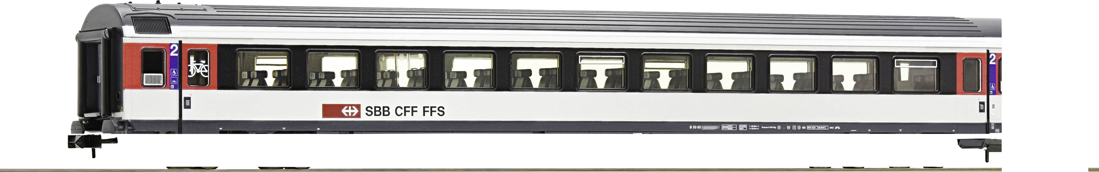 SBB CFF FFS passenger carriage viewed from the side, with red and black logo and white, grey, and red colour scheme.
