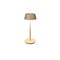 A modern table lamp with a round base and brown lampshade is illuminating.