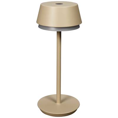 A beige table lamp with a modern design, comprising a slender stand and a conical shade.