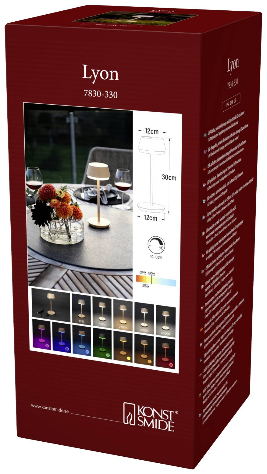 A packaging for the 'Lyon' lamp by Konstsmide shows the lamp in various colours. Dimensions: Height 30 cm, Diameter 12 cm.