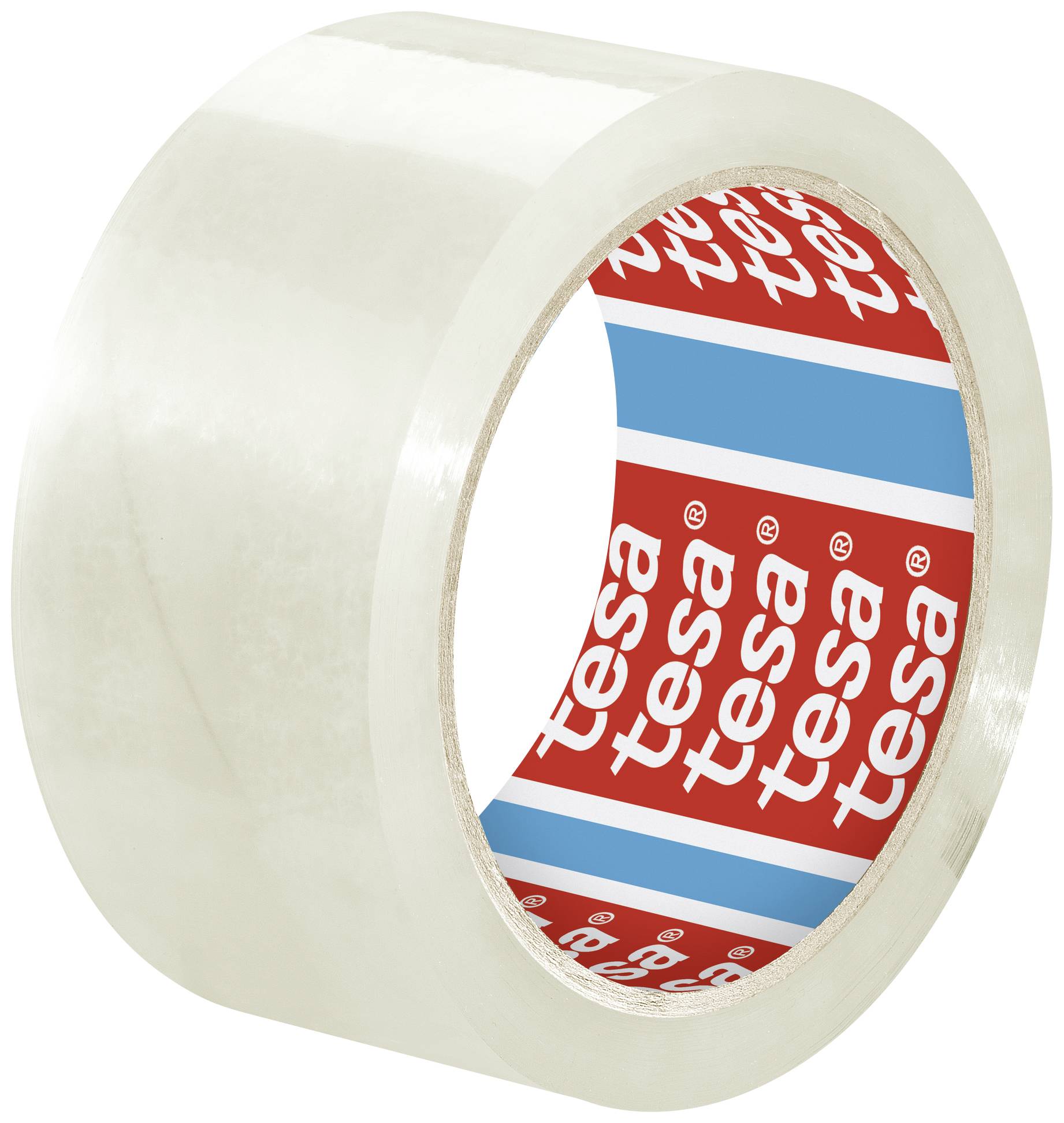 A roll of transparent adhesive tape with red and blue label, marked with 'tesa'.