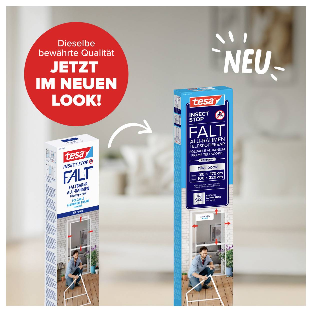 Advertising for tesa insect protection: old and new packaging compared, with the note 'The same proven quality, now in a new look!'