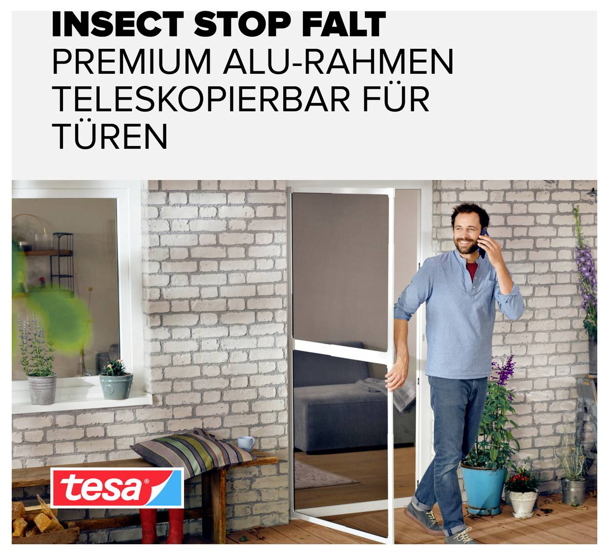 Advertisement for 'INSECT STOP FALT' by tesa: Man standing in a doorway with a telescopic fly screen for doors.