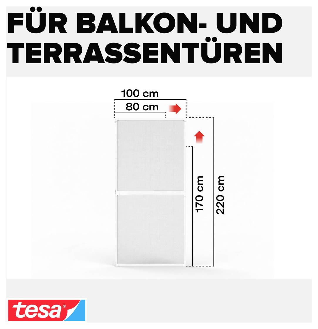 Advertising graphic for balcony doors and patio doors: shows a door or door frame dimension diagram with 80/100 cm width and 170/220 cm height, tesa logo bottom left.